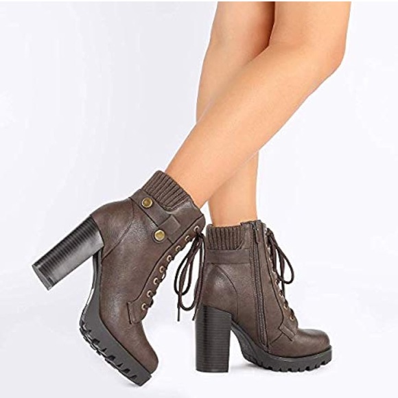 Dream Pairs Shoes - Dream Pairs Brown Khaki Beige Leather Combat Heeled Moto Boots